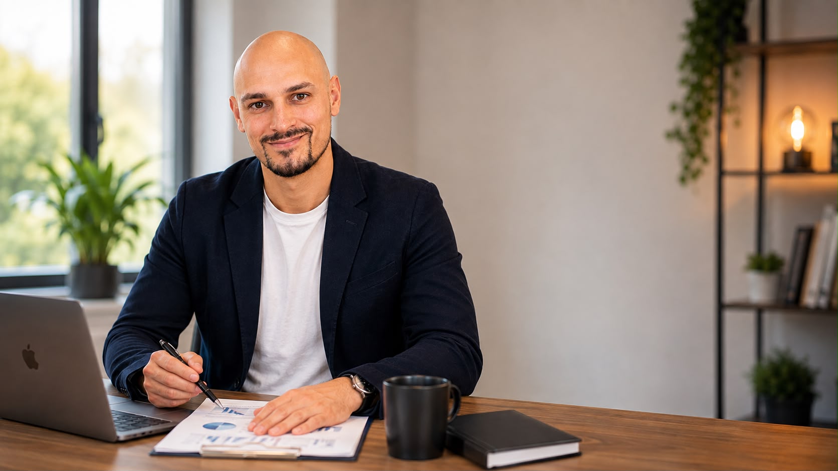 Florian Riedmann, Inhaber der Main-Vorsorge, am Schreibtisch bei der Beratungsvorbereitung