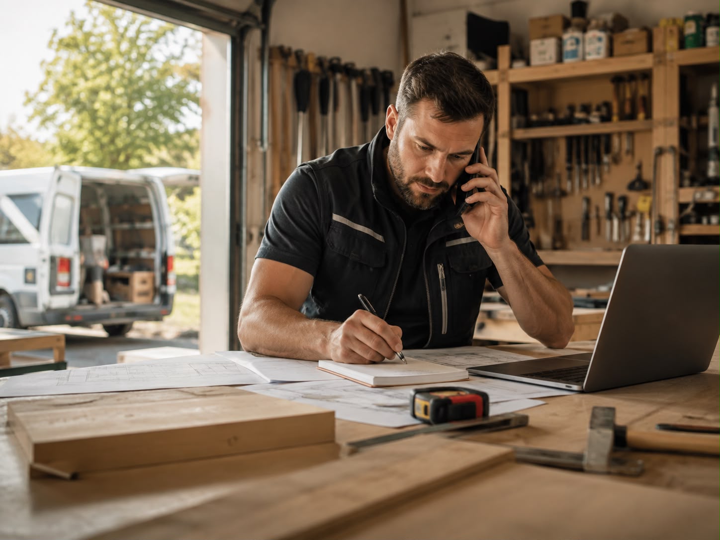 Handwerksmeister plant Aufträge in seiner Werkstatt am Telefon