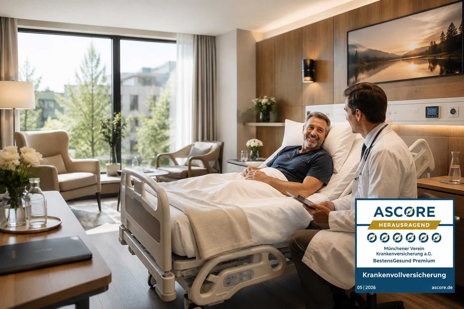 Privatpatient im Einzelzimmer im Gespräch mit dem Chefarzt – ausgezeichnet mit dem ASCORE-Siegel für den Tarif BestensGesund Premium des Münchener Verein